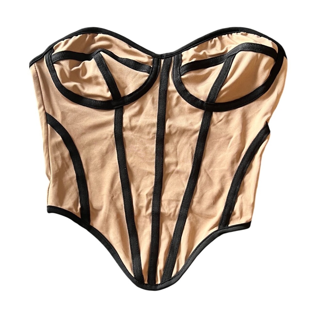 NWOT Corset Top Nude Beige Black Trim Strapless‎ Party Clubwear